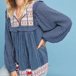 Anthropologie Blue and White Patterned Blouse